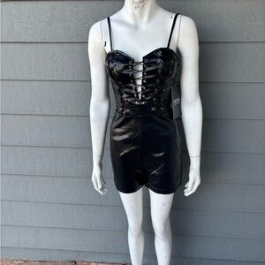 Hera Collection Black Faux Leather Lace-Up Romper